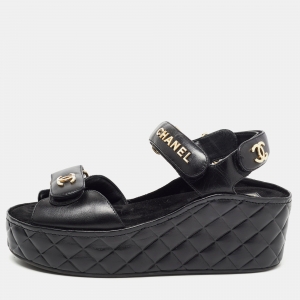 Chanel Black Quilted Leather Logo Wedge Ankle Strap Sandals Size 38