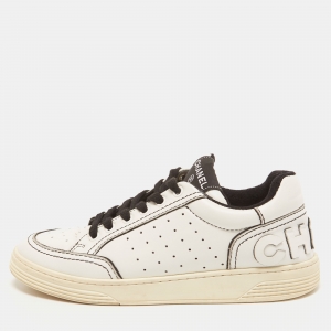 Chanel White/Black Perforated Leather Logo Low Top  Sneakers Size 38