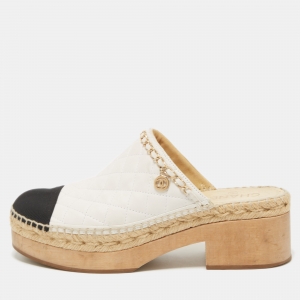 Chanel White/Black Quilted Leather Cap Toe Clogs Size 41