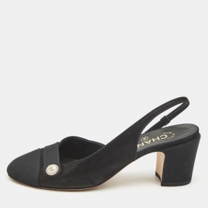 Chanel Black Suede and Canvas CC Slingback Pumps Size Size 38