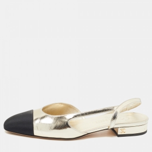 Chanel Gold/Black Canvas and Leather CC Slingback Sandals Size 36