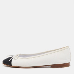 Chanel White/Black Glitter And Canvas CC Cap Toe Bow Ballet Flats Size 39.5