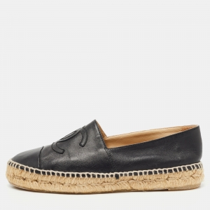 Chanel Black Leather CC Espadrille Flats Size 37 