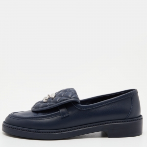 Chanel Blue Quilted Leather CC Turnlock Loafers Size 38