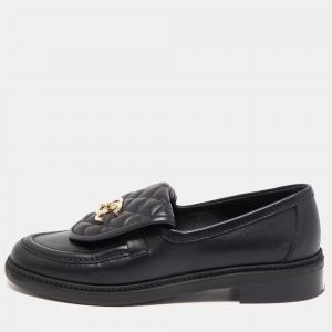 Pre Owned Chanel Black Leather Interlocking CC Logo Loafers Size 38.5