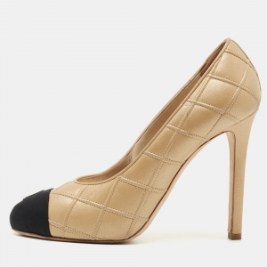 Chanel Beige/Black Leather Interlocking CC Logo Pumps Size 37