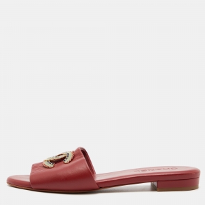 Pre Owned Chanel Red Leather CC Logo Flat Slides Size 39