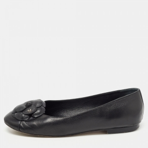 Chanel Black Leather Camelia Ballet Flats Size 40