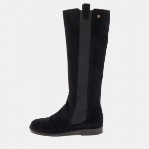 Chanel Black Velvet Suede Knee Length Boots Size 40