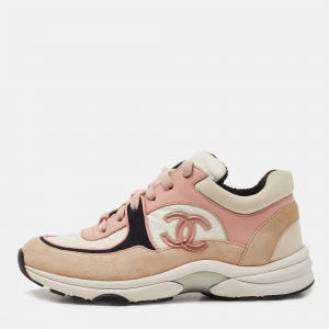 Chanel Multicolor Multicolor Leather and Suede CC Lace Up Sneakers Size 37