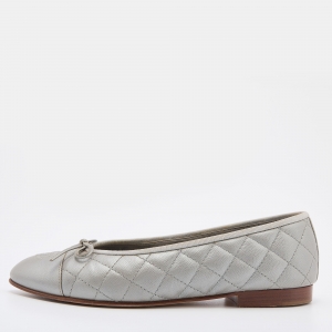 Pre Owned Chanel Grey Quilted Caviar Leather CC Cap Toe Bow Ballet Flats Size 38.5