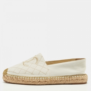 Chanel White Canvas Interlocking CC Logo Espadrilles Loafers Size 39