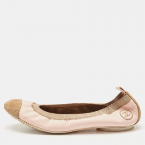 Pre Owned Chanel Pink/Brown Leather and Suede CC Cap Toe Scrunch Ballet Flats Size 40