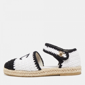 Pre Owned Chanel White/Black Embroidery Ankle Strap Espadrilles Size 37