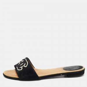 Pre Owned Chanel Black Suede Embroidered CC Flat Slides Size 39.5