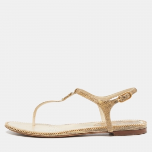 Chanel Beige Lizard Embossed Leather CC Flat Thong Sandals Size 37.5