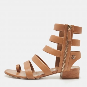 Chanel Brown Interlocking Leather CC Logo Gladiator Sandals Size 38