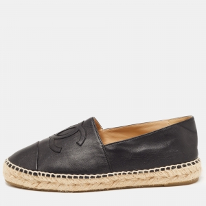 Chanel Black Leather CC Cap Toe Espadrilles Size 38  