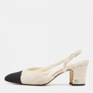 Pre Owned Chanel Off White/Black Tweed and Fabric CC D'orsay Slingback Pumps Size 37.5
