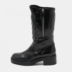 Chanel Black Quilted Leather Mid Calf Boots Size 41.5