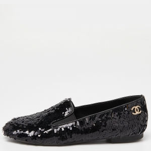 Pre Owned Chanel Black Sequin CC Smoking Slippers Size 37.5