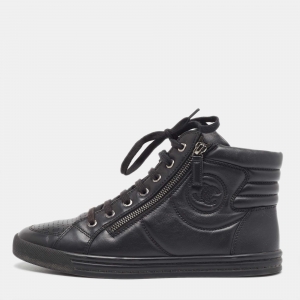 Chanel Black Leather CC Double Zip Accent High Top Sneakers Size 40