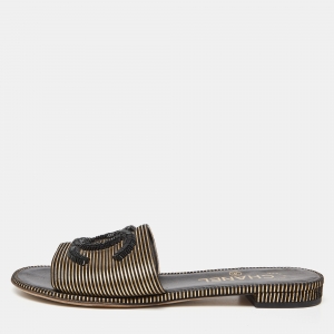 Pre Owned Chanel Black/Gold Suede Beaded CC Flat Slides Size 36