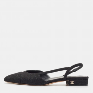 Pre Owned Chanel Black Glitter Fabric CC Slingback Flats Size 37.5