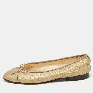 Chanel Gold Quilted Caviar Leather CC Cap Toe Bow Ballet Flats Size 39