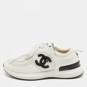 Pre Owned Chanel White Leather and Mesh CC Low Top Sneakers Size 37