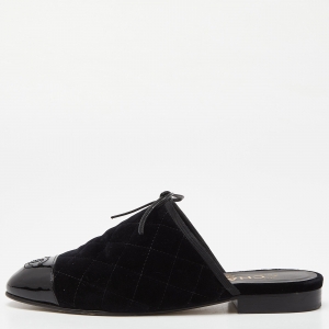 Chanel Black Quilted Velvet and Patent Cap Toe CC Bow Flat Mules Size 36