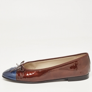 Pre Owned Chanel Brown/Navy Blue Patent CC Cap Toe Ballet Flats Size 42 