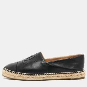 Chanel Black Leather CC Espadrille Ballet Flats Size 42
