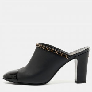 Chanel Black Leather and Patent Cap Toe Chain Link CC Mules Size 40