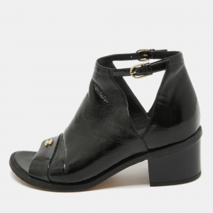 Pre Owned Chanel Black Patent Leather Pearl CC Ankle Strap Sandals Size 36