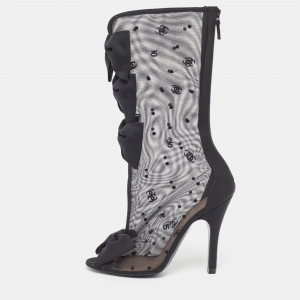 Chanel Black Mesh and Canvas Bow Embellished  Calf length Boots Size 39