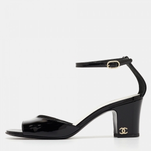 Pre Owned Chanel Black Patent Leather CC Ankle Strap Sandals Size 37.5