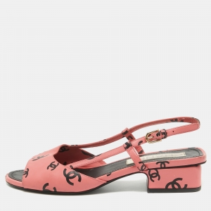 Chanel Pink/Black CC Print Leather Slingback Sandals Size 37.5