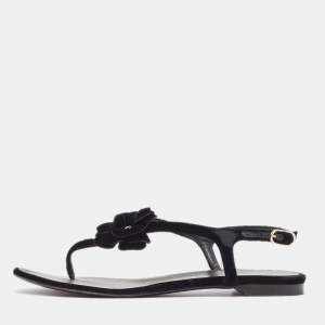 Pre Owned Chanel Black Velvet Camellia Thong Flats Size 38