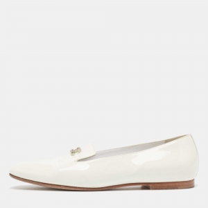 Pre Owned Chanel Off White Patent Leather CC Crystals Smoking Loafers Size 39
