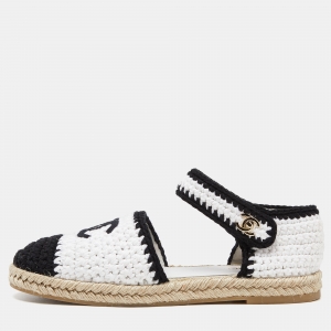 Chanel White/Black Crochet Cotton Blend Ankle Strap Espadrilles Size 40