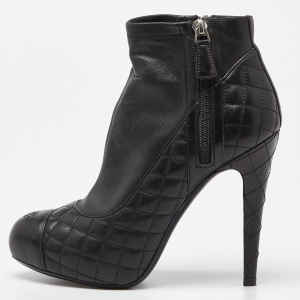 Chanel Black Quilted Leather Zip Ankle Booties Size 38.5
