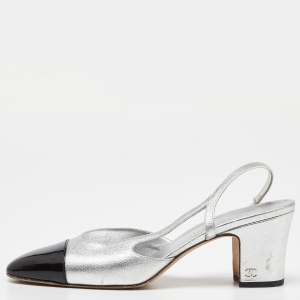 Chanel Silver/Black Leather and Patent Cap Toe CC D'osray Slingback Sandals Size 39