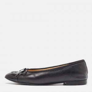 Chanel Black Leather CC Cap Toe Ballet Flats Size 36.5
