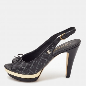 Chanel Black Leather Peep Toe Slingback Pumps Size 37.5     