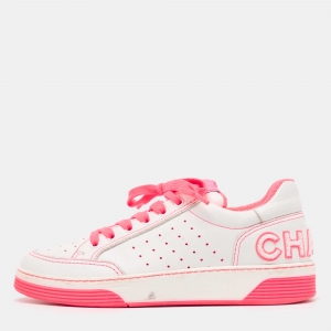 Pre Owned Chanel White/Pink Leather 22P Trainer Sneakers Size 38.5
