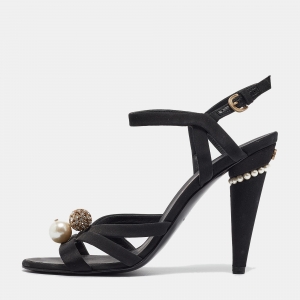 Chanel Black Satin and Canvas Ankle Strap Sandals Size 39