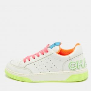 Pre Owned Chanel White Leather Logo Low Top Sneakers Size 38.5