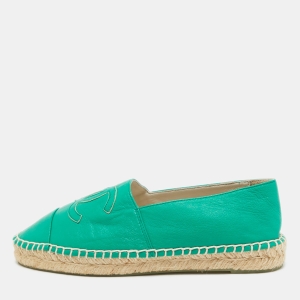 Chanel Green Leather CC Espadrille Flats Size 38