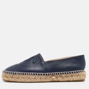 Pre Owned Chanel Navy Blue Leather  CC Cap Toe Espadrille Flats Size 37